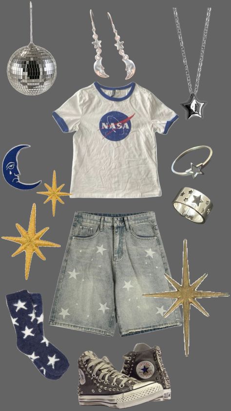 #stars #nasa #jorts #jortsfit #space Shark Clothes, Nasa Clothes, Street Style Outfits Casual, Silly Clothes, Space Outfit, Funky Outfits, Vibe Clothes, Swaggy Outfits, Character Outfits