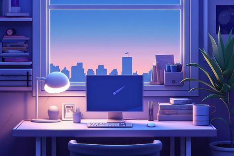 Work station furniture computer lighting. | premium image by rawpixel.com Study Table Wallpaper, Workstation Aesthetic, Twitch Starting Soon Screen, Purple Study, Twitch Starting Soon, Laptop Illustration, Starting Soon Screen, Table Wallpaper, Study Schedule Template