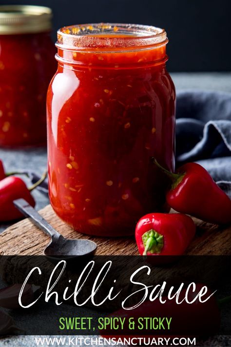 This Chilli Sauce is sweet, spicy and sticky and super easy to make at home. This specific recipe makes 2 jars, so you can always have some in the fridge. #sweetchillisauce #dippingsauce #sweetchilisauce Sweet Chilli Sauce Recipe, Sweet Chili Sauce Recipe, Easy Chilli, Kitchen Sanctuary, Homemade Chilli, Gardener Aesthetic, Chili Sauce Recipe, Chilli Jam, Salsa Picante