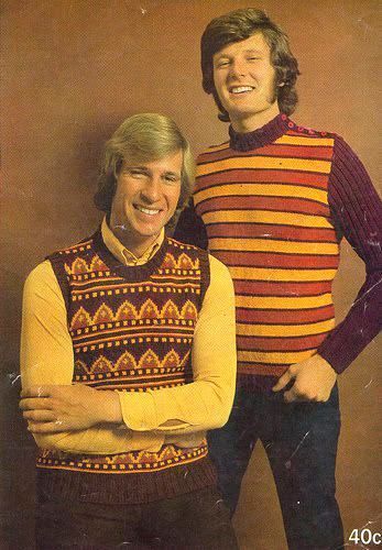 The designs of a sweater that would be worn to show style and sophistication Casual 70s Outfits, 1970s Mens Fashion, 70’s Outfit, 70s Fashion Men, 1970 Fashion, 1970s Men, 70s Men, 70s Clothing, Disco Fashion