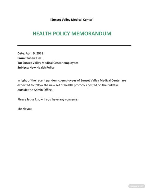 Health Policy Memo Template Yohan Kim, Internal Memo, Health Checkup, Memo Template, Health Policy, Template Google, Google Docs, Medical Center, Word Doc