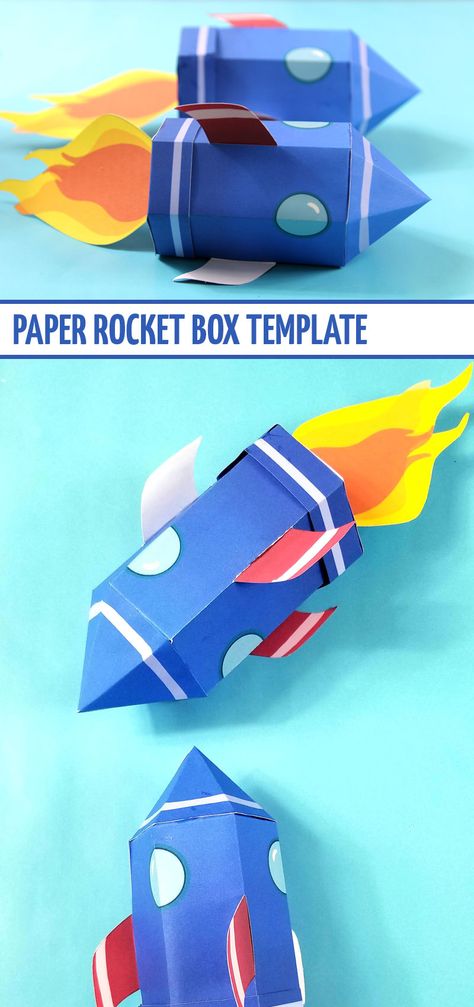 Download this fee printable rocket template - a fun papercraft for kids and moms! This spaceship paper toy is a great outer space birthday party idea for four year olds Printable Rocket Ship Template, Rocket Ship Valentines Boxes, Rocketship Craft Preschool, Rocket Valentine Box Ideas, Rocket Template Free Printable, Spaceship Template, Rocket Paper Craft, Paper Spaceship, Rocket Papercraft