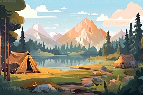 Camping Background, Tent Vector, Camping Wallpaper, Camping Site, Forest Camp, Summer Forest, Dance Images, Mountain Illustration, Summer Hike