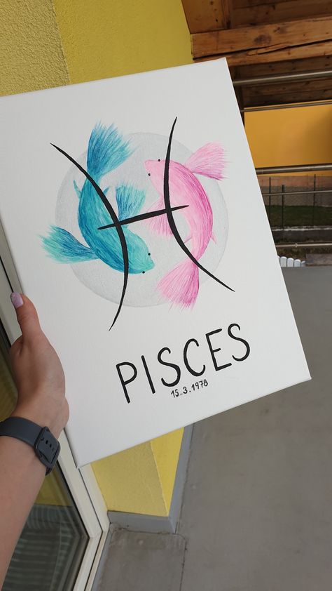 Pisces acrylic painting Pieces Drawing Zodiac, Pisces Painting Easy, Pisces Painting Ideas, Pisces Drawing Ideas, Pisces Painting Canvases, Pisces Canvas Painting, Zodiac Canvas Painting, Astrology Painting Ideas, Pisces Art Drawing