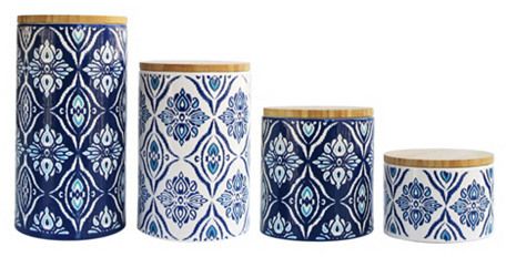 Kitchen decor. 4-Pc Pirouette Blue/White Canister Set Blue Canister Set, Blue And White Kitchen, Ceramic Canister Set, Kitchen Canister Set, Blue And White Decor, Ceramic Canister, French Country Kitchen, Kitchen Canisters, Blue Kitchens