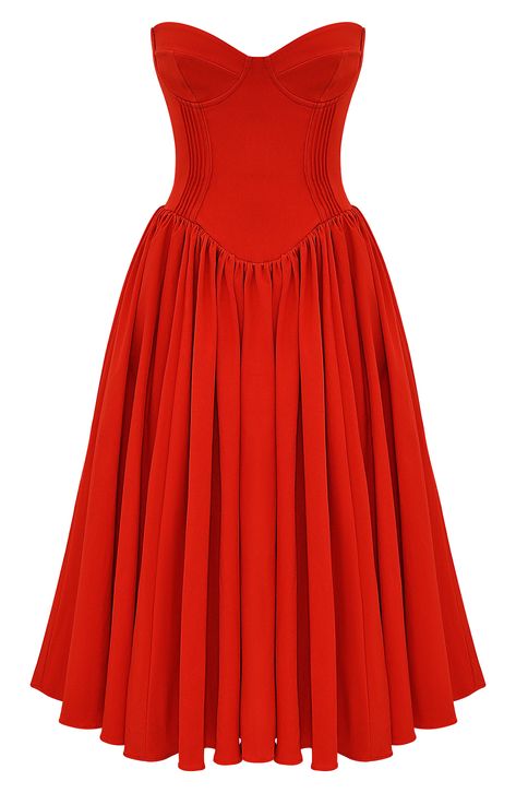 A corseted bodice creates a stunning silhouette on a fit-and-flare dress finished with a voluminous midi skirt for modern allure. Exclusive retailer Hidden back-zip closure Sweetheart neck Strapless Partially lined 65% Richcel viscose, 35% polyester Dry clean Imported Red Carpet Midi Dress, Winter Gala Dress Formal, Birthday Dress Midi, Corset Top Dresses, Corset Vintage Dress, Fit And Flare Dress Formal, Christmas Party Dress Cocktail, Princess Red Dress, 50s Housewife Dress