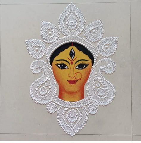 Navratri Rangoli Designs Unique, Devi Face Rangoli, Narak Chaturdashi Rangoli, Diwali Rangoli Designs Unique 2024, Kolam Painting, Face Rangoli, Ganpati Quotes, Devi Rangoli, Lakshmi Rangoli