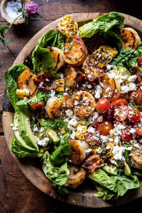 Honey Garlic Shrimp, Corn, and Avocado Bacon Salad | halfbakedharvest.com Half Baked Harvest Shrimp, Salad Station, Shrimp Corn, Fun Meals, Honey Garlic Shrimp, Half Baked Harvest Recipes, Green Salads, Bacon Salad, Food Mood