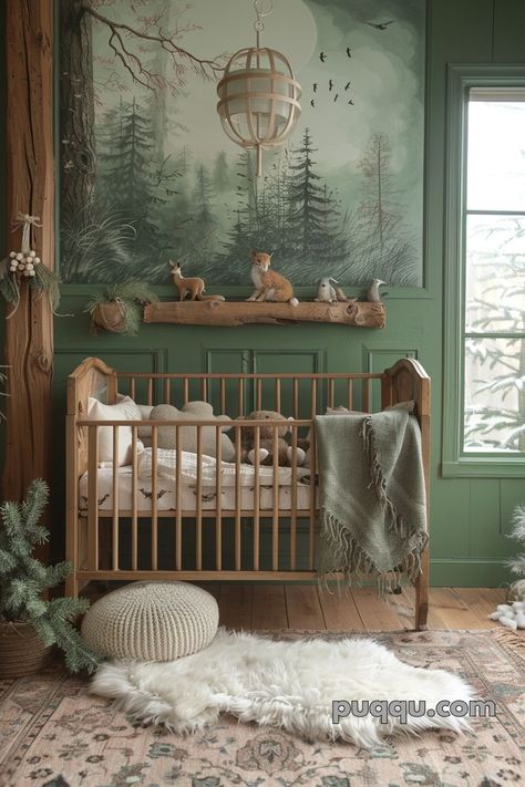 Woodland Nursery Ideas: Creating a Cozy Haven for Your Little One - Puqqu Unisex Nature Nursery, Cozy Green Nursery, Baby Nursery Forest Theme, Nursery Ideas Whimsical, Nursery Ideas Nature, Woods Themed Nursery, Vintage Boy Nursery Ideas, Nursery Forest Theme, Forest Green Nursery