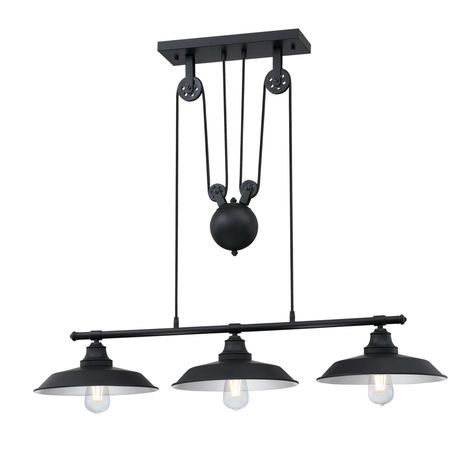 Bring the vintage-industrial style of the Westinghouse 3-light Iron Hill pully pendant into your home. Enjoy the retro charm of the iconic pulley feature as you adjust the height above a pool table, kitchen island, or dining room table. Pulley Pendant Light, Glass Light, Ceiling Fan Chandelier, Linear Chandelier, Black Chandelier, Lighting Store, Island Lighting, Vintage Industrial, Ceiling Fixtures