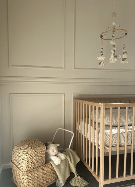 Neutral nursery inspiration Elegant Nursery Neutral, Box Trim On Wall Nursery, Nursery Wood Paneling, Nursery Millwork, Wainscot Nursery, Wayne’s Coating Nursery, Nursery Accent Wall Neutral, Panelled Nursery, Nursery Inspiration Neutral