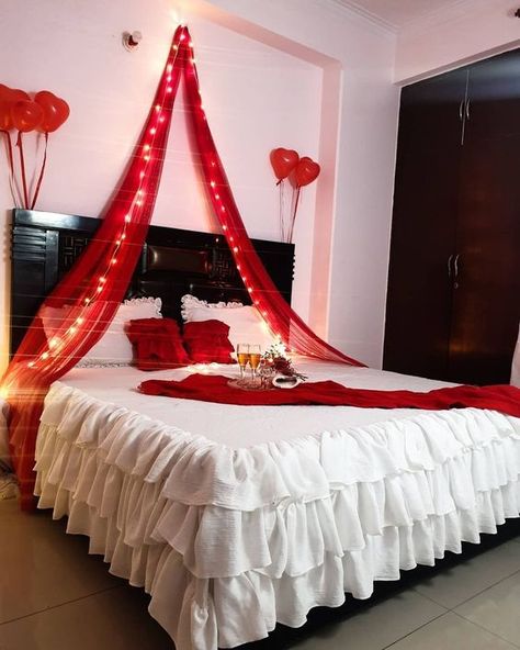 #trendy weeding night couple room Just Married Room Decoration, Simple First Night Room Decoration, Valentine Bedroom Decor, Wedding Night Room Decorations, Valentines Bedroom, Romantic Room Surprise, Romantic Dinner Decoration, Romantic Room Decoration, Wedding Bedroom