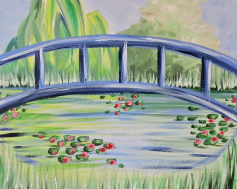 Easy Bridge Painting, Bridge Painting Acrylic, Church Gifts Ideas, Water Lilies Painting, Claude Monet Water Lilies, Bridge Painting, Acrylic Tutorials, Monet Water Lilies, Birthday Card Drawing