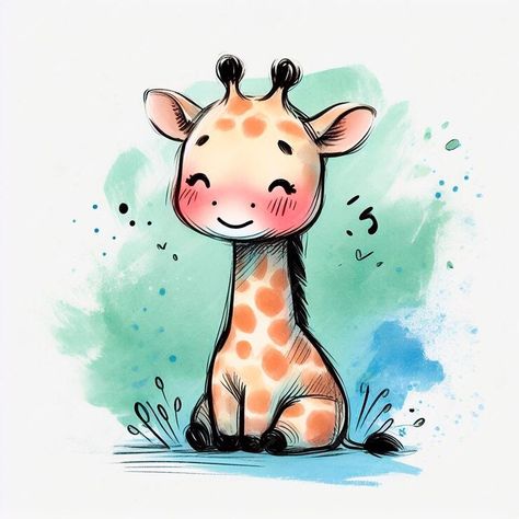 Premium Photo | Cute giraffe on watercolor background Hand drawn vector illustration Kawaii, Giraffe Doodle, Cute Giraffe Drawing, Giraffe Ears, Giraffe Drawing, Giraffe Illustration, Giraffe Family, Giraffe Painting, Illustration Art Kids