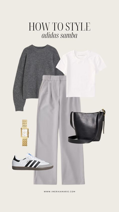 Off White Brand Outfit, Pants With Sneakers Outfit, Grey Pants Outfit Casual, Grey Shirt Outfit, Fashion Sneakers Outfit, Trousers With Sneakers, Casual Sunday Outfit, Erika Marie, Samba Sneakers