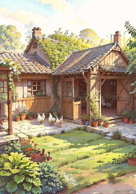 Fantasy Farmhouse Concept Art, Farmhouse Concept Art, Farm Concept Art, Anime Cottage, House Concept Art, Fantasy Farm, Art Buildings, Illusion Photos, Fantasy Cottage