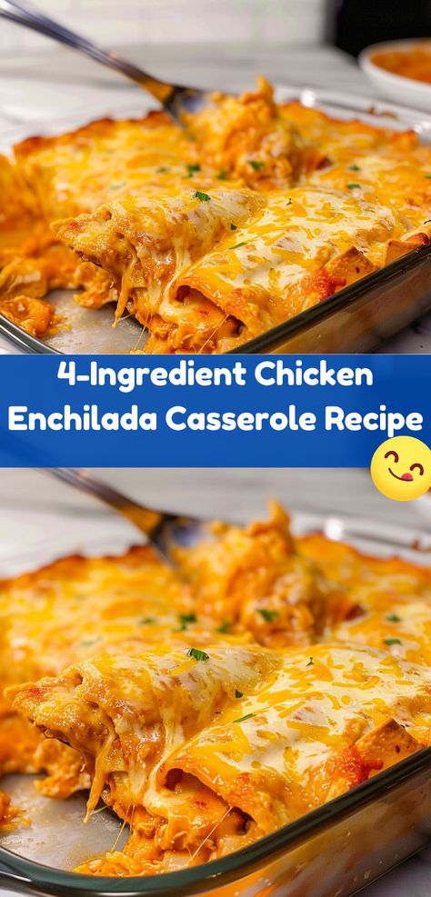 Easy 4-ingredient chicken enchilada casserole – perfect for a quick dinner. Easy Enchilada Casserole, Easy Chicken Enchilada Casserole, Easy Chicken Enchilada Recipe, Chicken Enchilada Casserole Recipe, Easy Chicken Casserole Recipes, Chicken Casserole Easy, Enchilada Casserole Recipes, 4 Ingredient Recipes, Chicken Enchiladas Easy