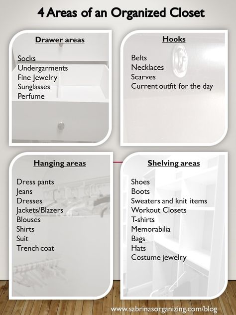 4 areas of an organized closet tips - a complete list of how to organize a closet by a professional organizer. #DIY #home #organization Closet Tips, Closet Organisation, Master Closet Organization, Closet Diy, Organized Closet, Closet Hacks Organizing, Organizer Diy, Wardrobe Organisation, Clothes Closet Organization