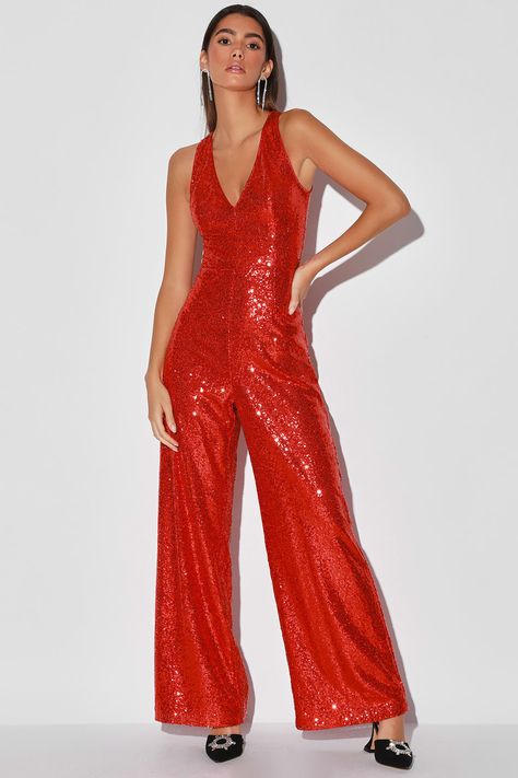 Bold Jumpsuit, Red Sequin Jumpsuit, Red Faux Fur Coat, Jumpsuit Lulus, Disco Jumpsuit, 70s Outfits, Sequin Jumpsuit, Backless Jumpsuit, Plunge Dress