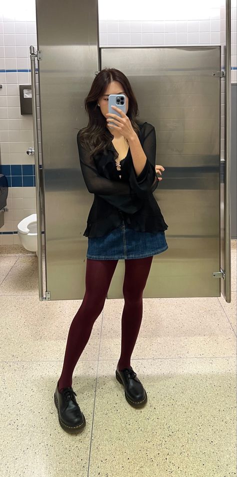 10/27/23 - listening to MAGO by gfriend Outfits With Burgundy Tights, Dr Martens Knee High Boots Outfit, Burgundy Tights Outfit Winter, Maroon Tights Outfit, Skirt Tights Outfit, Burgundy Tights Outfit, Maroon Tights, Red Boots Outfit, Burgundy Loafers