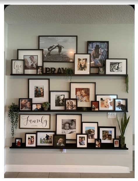 Living Room Wall Decor Ideas Industrial, Cluster Photos On Wall, Wedding Wall Home Decor, Collage Walls With Pictures, Living Room Wall Decor Ideas With Photos, Photo Display In Living Room, Wall Shelf Picture Display, House Design Decorating Ideas, School Photo Gallery Wall