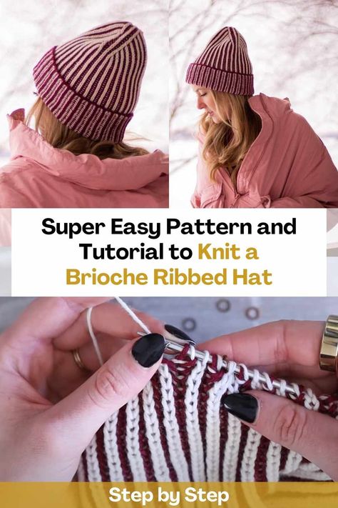 Knitting Hat Tutorial, Two Tone Beanie Crochet Pattern, Tube Hat Knitting Pattern, Brioche Beanie Free Pattern, Brioche Hat Pattern Free, Crochet Two Tone Beanie, Two Tone Knitting Pattern, Knitted Toques Free Patterns, Beginner Knit Hat Pattern Free