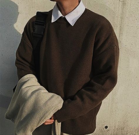 Men Brown Sweater Outfit, Mens Formal Sweater Outfit, Brown Outfit Aesthetic Winter, Brown Clothing Aesthetic Men, Collared Shirt Under Sweater Outfit Men, Brown Jumper Outfit Men, Dark Academia Sweater Men, Brown Long Sleeve Outfit Men, Mens Brown Sweater Outfit