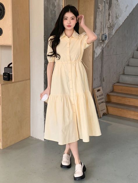 DAZY Women Casual Solid Color Buttoned Waist Drawstring Shirt Dress For Spring/SummerI discovered amazing products on SHEIN.com, come check them out! Pastel Yellow Dress, Drawstring Shirt, Yellow Shirt Dress, Shirt Dress Women, Summer Yellow, Dress For Spring, Plain Shirt, Plain Shirts, Loose Dress