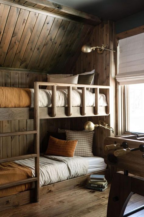 Moody Elevated Cabin Design - Our First Project of 2024 - Farmhouse Living Bunk Cabin Bunkhouse, Built In Cabin Bunk Beds, Log Cabin Bunk Beds, Cozy Cabin Bedding, Vintage Bunk Room, Cabin Bunk Room Ideas, Kids Cabin Bedroom, Small Cabin Bedroom, Cabin Bunk Bed