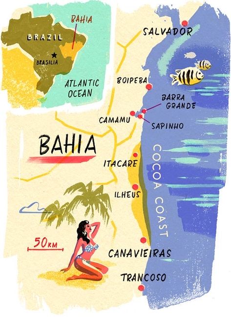 ~ Owen Gately Travel Magazine Design, Brazil Trip, Descriptive Text, Orson Scott Card, Bahia Brazil, Pictorial Maps, Brazil Travel, Travel Diaries, City Illustration