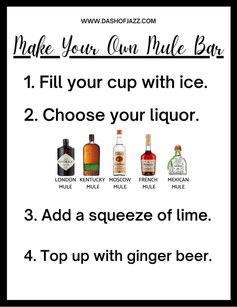 Let your guests serve themselves with a make your own mule bar cart setup for hosting! Looking for a mule bar sign or moscow mule variations? This post has you covered. Get this easy DIY Moscow mule bar tutorial from Dash of Jazz and lots of fun mule bar ideas for your next party. #dashofjazzblog #moscowmulebardisplay #moscowmulebarparties #muledrinkrecipes Types Of Mules Drinks, Diy Moscow Mule, Bar Setup For Party, Moscow Mule Bar, Steeplechase Tailgate, Mule Bar, Mule Variations, Moscow Mule Variations, Hosting At Home