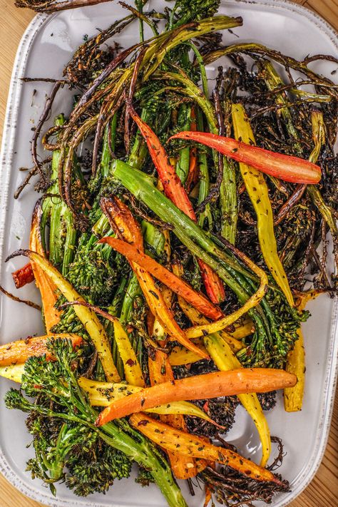 Rachael Ray's Roasted Broccolini and Baby Carrots Roasted Broccolini And Carrots, Roasted Brocolli And Carrots, Asparagus And Broccolini Recipes, Brocolini Recipes Salad, Brocolli Thanksgiving Side, Brocolini Recipes Roasted, Brocollini Recipes Roasted, Brocolini Recipes Oven, December Food Ideas