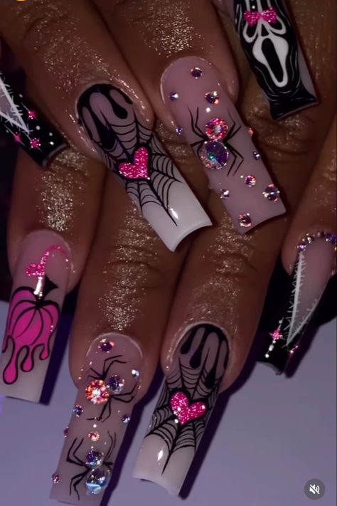 Pink Nail Designs Bling, Acrylic Nail Designs Coffin Long, Pink Nail Designs Halloween, Blinged Halloween Nails, Birthday And Halloween Nails, Halloween Nails With Jewels, Glitter Halloween Nails Acrylic, Pink Acrylic Nails Halloween, Bling Spooky Nails