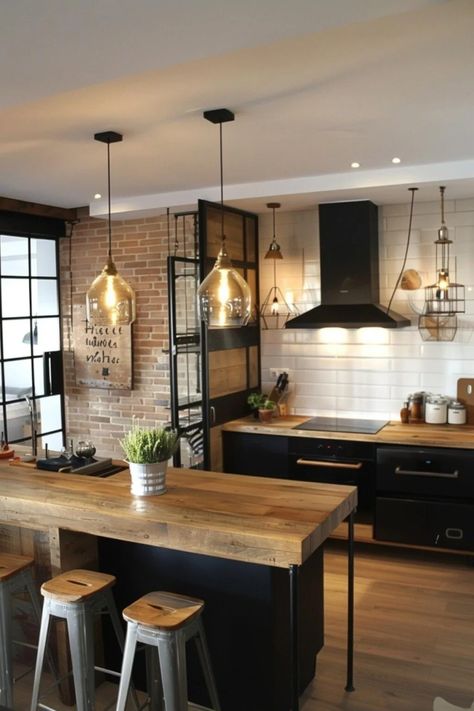 Dark Industrial Kitchen, Country Kitchen Ideas Farmhouse Style Rustic, Industrial Themed Kitchen, Industrial Interior Design Kitchen, Industrial Scandinavian Interior, Kitchen Ideas Minimalist, Kitchen Design Industrial, Minimalist Industrial Interior Design, Industrial Kitchen Design Ideas