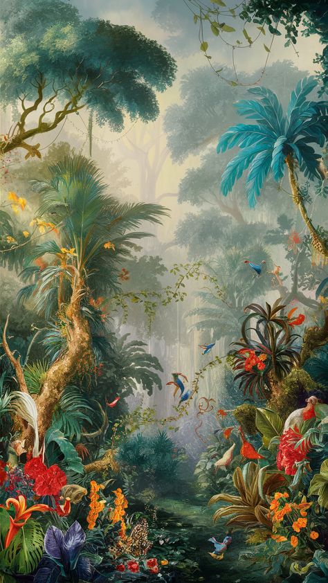 Tropical Victorian, Wonderland Wallpaper, Jungle Landscape, Lush Jungle, Paradise Wallpaper, Bunny Painting, Black Ground, Art Forest, Jungle Wallpaper