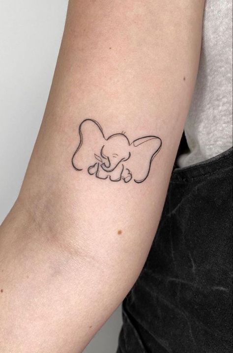 Dumbo Outline Tattoo, Disney Line Work Tattoo, Disney Related Tattoos, Fineline Disney Tattoo, Cute Dumbo Tattoo, Disney Tattoos Minimalist, Disney Tattoos Simple, Dumbo Tattoo Ideas, Heffalump Tattoo