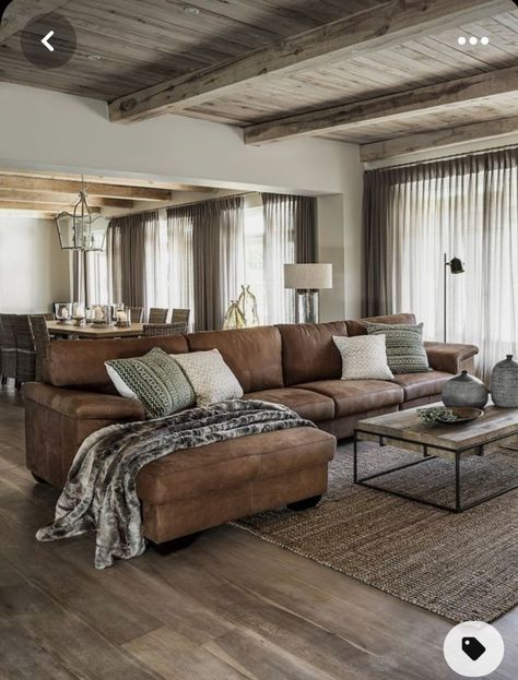 Large Leather Couch Living Room, Lounge Room Ideas Leather Couch, Cozy Living Rooms Gray Floor, Big Leather Couch Living Room, Leather Couch Modern Farmhouse, Couch With Cover Living Rooms, Living Room Couch Ideas Farmhouse, Rustic Living Room Couch Ideas, Tan Leather Reclining Sofa