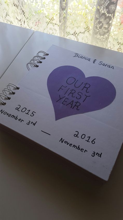 Made this book for my boyfriend for our first year anniversary. 💜 One Year Anniversary Album Ideas, One Year Scrapbook Page Ideas, Making A Book For Boyfriend, Boyfriend Year Book, 1 Year Of Dating Gifts For Him, First Year Together, Our First Year Together Ideas, 1 Year Friendship Anniversary Ideas, One Year With You