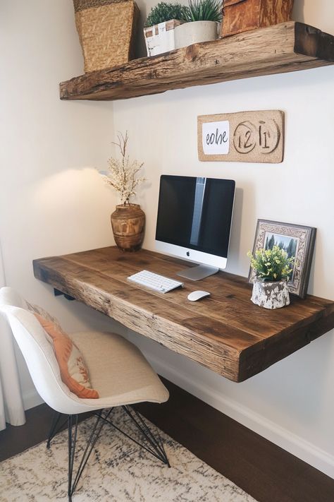 Floating Butcher Block Desk, Home Office Tv Room Combo, Diy Small Desk, Simple Desk Design, Floating Desk Diy, Farmhouse Desk Diy, Simple Work Desk, Diy Floating Desk, Light Wood Desk