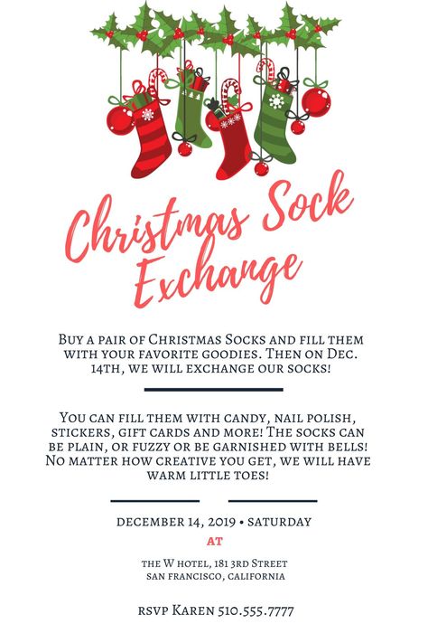 Secret Santa Sock Exchange, Sock Exchange Party Invitations, Christmas Sock Party Ideas, Classroom Sock Exchange, Ladies Christmas Sock Exchange, Christmas Activities For Employees, Christmas Color Party, Christmas Sock Exchange Game, Stocking Exchange Party