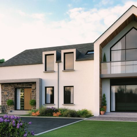 Modern house outside Antrim, Northern Ireland. with features such as large glazed frontage & natural stone cladding & slate roof with modern dormers British Modern House, Gable Facade, Modern Irish House, Modern British House, Modern Dormer, Irish House Plans, Contemporary Bungalow, House Designs Ireland, Dormer Bungalow