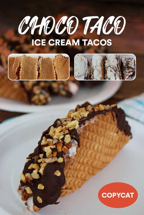 Chaco Taco Ice Cream, Chaco Taco Recipe, Homemade Choco Tacos, Diy Choco Taco, Choco Taco Recipe, Chico Taco, Choco Taco Homemade, Taco Party Dessert Ideas, Chaco Taco