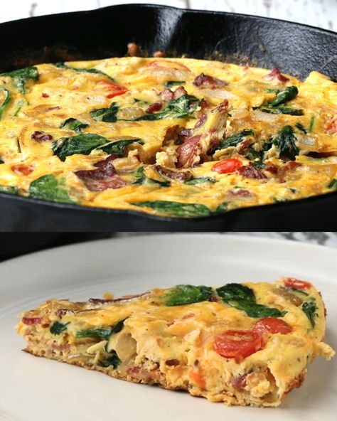 Savory Spinach and Bacon Frittata: A Delicious and Nutritious Meal Bacon Frittata, Spinach And Bacon, Herbed Potatoes, Meat Substitutes, Turkey Bacon, Light Dinner, Vegetarian Options, Crispy Bacon, Breakfast Lunch Dinner