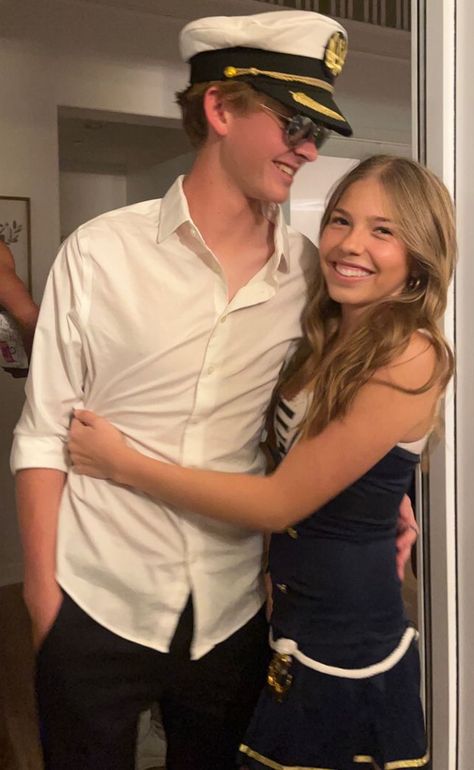 Cute Couple Halloween Costumes Aesthetic, Captain Couples Costume, Sailers Halloween Costume, High School Halloween Costumes Couples, Couple Duo Halloween Costumes, Saltburn Couple Costume, Sailer And Captain Costume, Sailor Halloween Costumes Couple, Halloween 2024 Couple Costumes