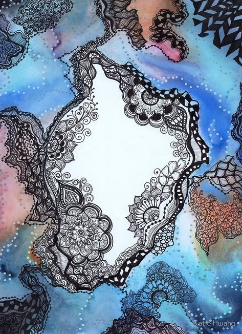 Drawing On Top Of Painting, Watercolor With Line Work, Watercolor Zentangle Art, Watercolor Art Patterns, Line Art And Watercolor, Watercolor And Ink Abstract, Watercolor Pen Drawing, Zentangle With Watercolor, Color Zentangle Art