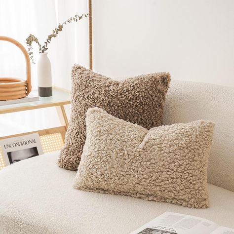 Foindtower Set of 2 Curly Teddy Wool Pillow Covers Decorative Boucle Textured Lumbar Throw Pillow Faux Fur Pillowcases Sheepskin Cushion Case for Sofa Bedroom Car 12"x20" Light Khaki Teddy Pillow, Pillow Covers Decorative, Furniture Board, Brown Pillows, Fluffy Rug, Wool Pillow, Sofa Bedroom, Lumbar Throw Pillow, Wool Pillows