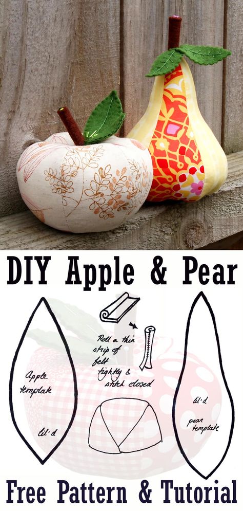 DIY Apple & Pear Pincushions Pear Pincushion Pattern Free, Stuffed Fabric Apple Pattern, Fabric Apple Pattern Free, Pin Cushion Sewing Pattern, Apple Sewing Pattern Free, Fabric Fruit Pattern, Fabric Pear Pattern, Fabric Apples Pattern, Pie Pin Cushion