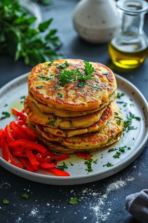 Savour the Mediterranean: Chickpea Flour Pancakes with Roasted Red Peppers Recipe #mediterraneandiet Chickpea Pancakes Savory, Chickpeas Pancakes, Chickpea Pancakes Vegan, Savoury Waffles, Chickpea Flour Pancakes, Chickpea Flour Recipes, Chickpea Pancakes, Vegan Breakfast Options, Vegan Mediterranean