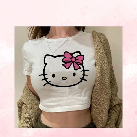 Tshirt Crop Top, Tshirt Crop, Kawaii T Shirt, Hello Kitty T Shirt, Sporty Crop Top, Y2k Hello Kitty, Beige Crop Tops, Cropped Tee Shirt, Graphic Crop Top