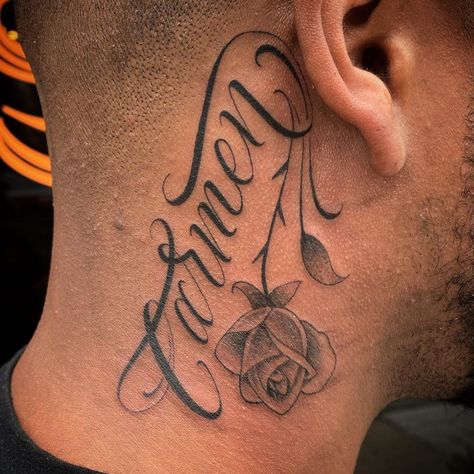 Script Rose Behind The Ear Tattoo Name Behind Ear Tattoo Men, Rose Behind The Ear Tattoo, Mens Behind Ear Tattoo, Rose Neck Tattoo Men, Blessed Tattoo Behind Ear, Name Tattoo Behind Ear, Name Behind Ear Tattoo, Tattoo Behind Ear Men, Rose Behind Ear Tattoo